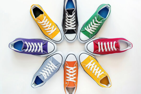 Colorful Sneakers arranged in circle. An array of colorful sneakers forms a circle on a white background, symbolizing variety and choice in fashion.