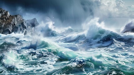 Storm at sea. Sea, sailor, rain, swell, yacht, disaster, weather station, forecast, sail, storm, wind, waves, thunderstorm, ship, hurricane, calm, ocean, shipwreck. Generated by AI - obrazy, fototapety, plakaty