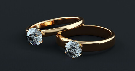 Two diamond rings on a black background. Designed with 3D renderings.