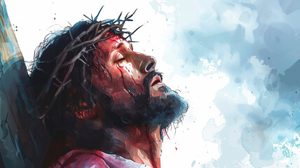 An emotional portrayal of Jesus with a crown of thorns, in a vivid watercolor style with a sense of light and shadow.