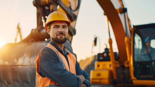 Portrait of happy professional excavator driver standing in front of big excavator looking at camera at sunrise