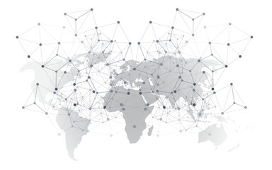 Black and White Global Networks Concept with World Map and Wire Frame - Digital Polygonal Network Connections, Science and Technology Background, Creative Design Template Isolated on White Background
