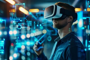 A tech enthusiast explores an interactive virtual interface in a neon-lit server room with a VR headset.