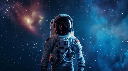 A man in a space suit stands in front of a galaxy, gazing out into the vastness of space