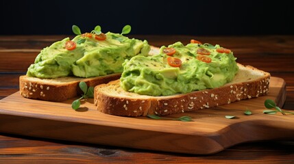 A wooden cutting board displays a slice of bread topped with flavorful guacamole spread