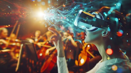 A music enthusiast immersed in a virtual symphony orchestra, feeling the essence of each note through the immersive power of VR technology.