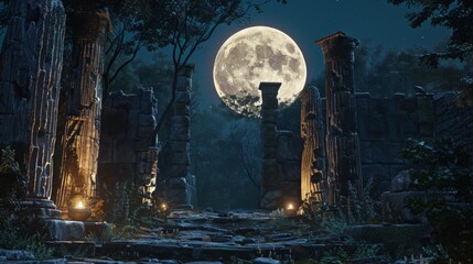Obraz premium Full Moon Over Ancient Ruins at Night