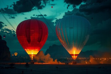 The center of the screen showcases two massive hot air balloons one in fiery red and the other in serene blue against a spectacular backdrop