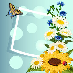 Abstract background with flowers and frame. Frame with sunflowers, daisies and cornflowers on a colored background in vector illustration.