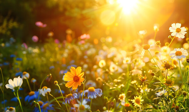 Beautiful flowers in the sun of solstice and midsummer, Generative AI 