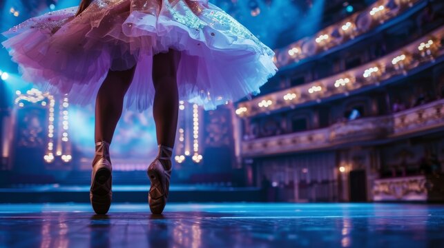 A graceful ballerina in a tutu and ballet shoes performs on stage