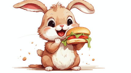 Cute rabbit eating burger. Animal cartoon concept  - obrazy, fototapety, plakaty