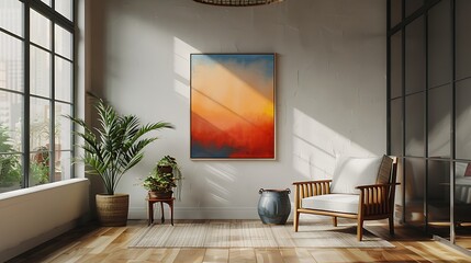 Modern living room interior design with bright orange color 