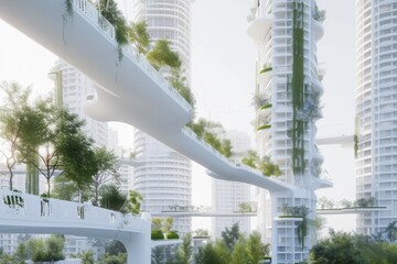A visionary urban landscape merges high-rise buildings with verdant hanging gardens, creating a harmonious blend of nature and architecture.