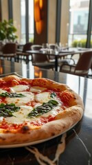 A Margherita pizza awaits in an urban bistro setting, promising a delightful meal with every bite.
