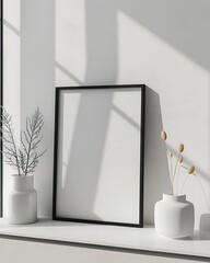 mockup realistic black minimal frame on white wall 