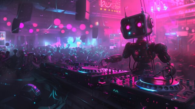 A cloud of modern robots dances at a party with a robot DJ.