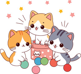Three adorable cats are playing with balls illustration. Doodle cartoon style.