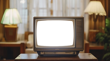 Classic old TV with a transparent screen on a blurred living room background. Vintage television.