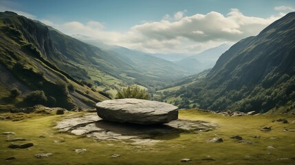 Stone podium on the background of Irish rocks of the Irish nature mountain scenery. Product...