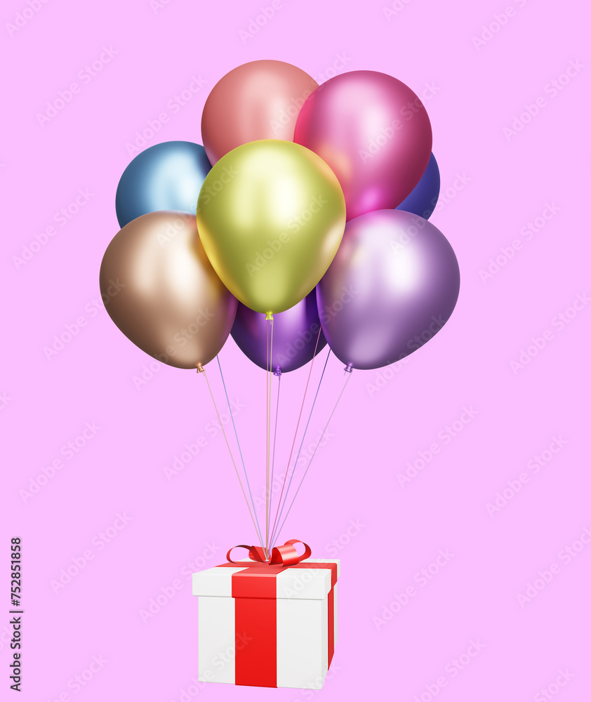 Poster Flying gift box with multicolored balloons on pink background. 3d rendering