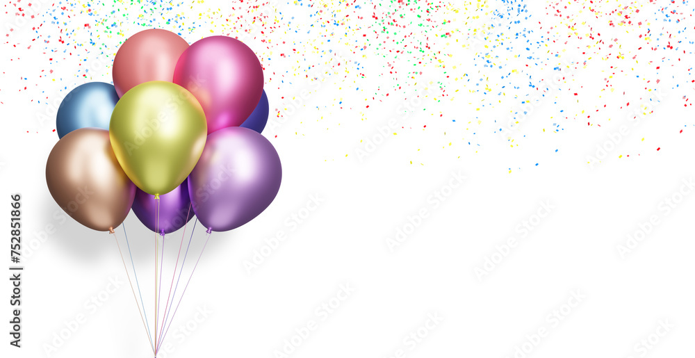 Aufkleber Bunch of colorful balloons on white background with confetti. Empty space for text. 3d rendering