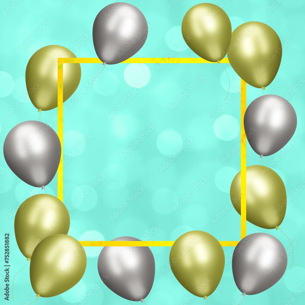 Aufkleber Yellow frame with gold and silver balloons on blurred blue background. Empty space for text. 3d rendering