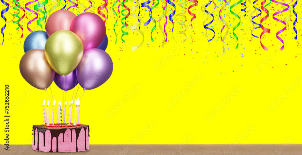 Poster Birthday cake with bunch of colorful balloons on blurred yellow background olorful balloonson pink background with confetti. Empty space for text. 3d rendering