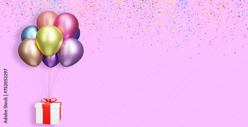 Poster Flying gift box with multicolored shiny balloons on pink background with confetti. 3d rendering