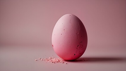 A singular pink egg with a chipped texture stands out against a seamless, dusty pink background, conveying a sense of simplicity and imperfection