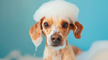 Wet dog in bathtub at home bathroom. Bathing of happy Nova Scotia Duck Tolling Retriever with foam soap on head. - obrazy, fototapety, plakaty