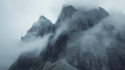 
mountain in the fog with clouds near it, eroded surfaces, soft-focus portraits, adventure themed, monumental forms, close-up