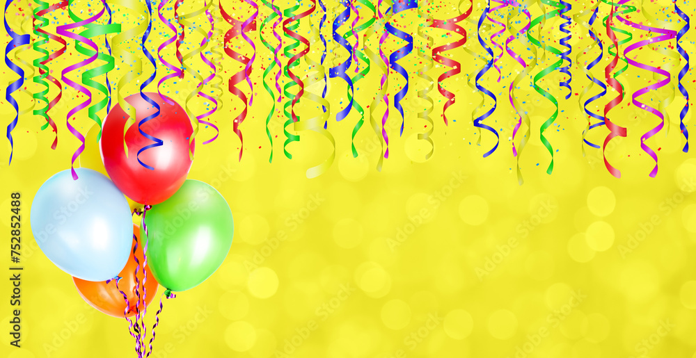 Poster Yellow blurred background with balloons and different colored confetti and streamers for party time. Empty space for text
