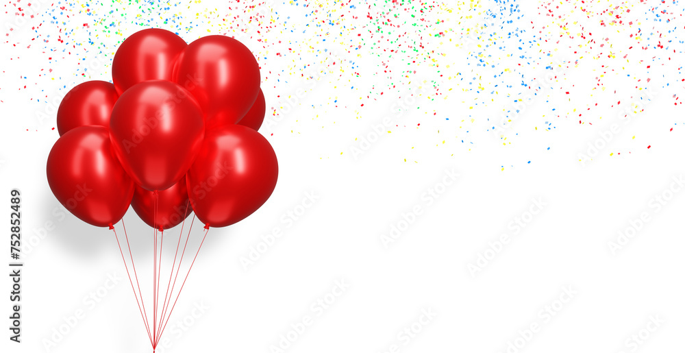 Aufkleber Bunch of red balloons on white background with confetti. Empty space for text. 3d rendering