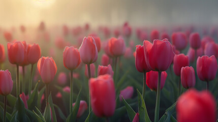 Fototapeta premium Spring time tulip garden in the fog with sunlight near it, eroded surfaces, soft-focus portraits, adventure themed, monumental forms, close-up