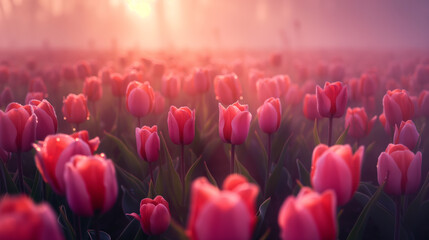 Spring time tulip garden in the fog with sunlight near it, eroded surfaces, soft-focus portraits, adventure themed, monumental forms, close-up - obrazy, fototapety, plakaty