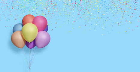 Bunch of colorful balloons on blue background with confetti. Empty space for text. 3d rendering