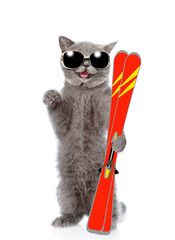 Happy cat wearing sunglasses holds skis in it paw. Isolated on white background