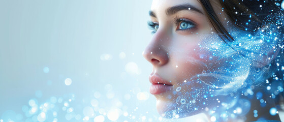 beautiful woman futuristic style banner. Woman's Winter Portrait Beauty in Blue Winter Fashion with Snowy Background copy space area