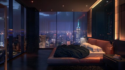 A room with a view of the city from the bed, penthouse bedroom at night 