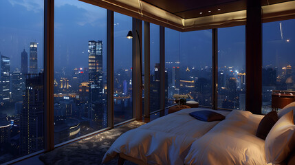 A room with a view of the city from the bed, penthouse bedroom at night  - obrazy, fototapety, plakaty