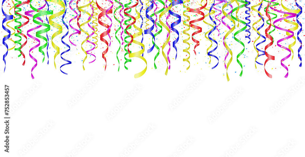 Aufkleber Falling confetti and curly colorful shiny streamer on white background. Empty space for text