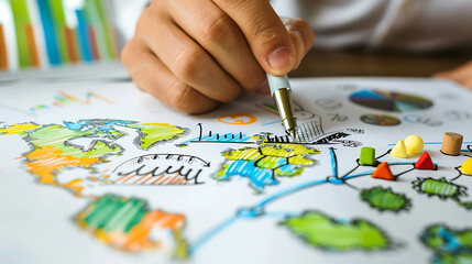 Naklejka premium Zoomed-in image of a hand crafting a mind map on sustainable practices in international business. Generative AI illustration 