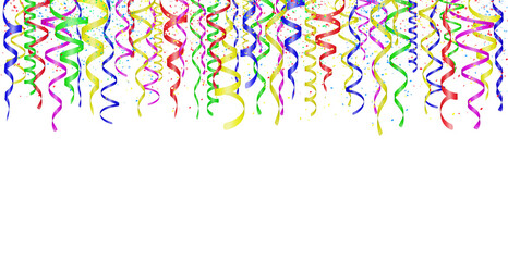 Falling confetti and curly colorful shiny streamer on white background. Empty space for text