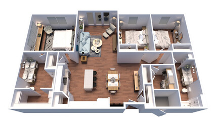 3D Floor plan for 3 Bedroom and 2 Bathroom