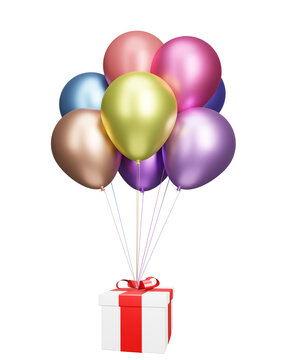 Flying gift box with multicolored balloons. Isolated on white background. 3d rendering