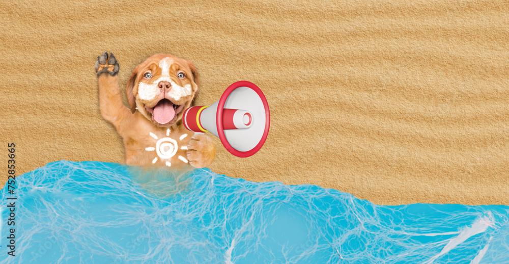 Poster funny mastiff puppy covered with suntan lotion or sunblock lying at sunny beach and screaming into a