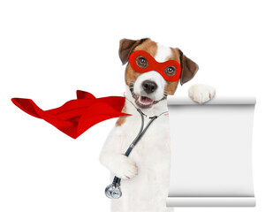 jack russell terrier wearing like a doctor with superhero cape and with stethoscope on his neck looks at camera and shows empty list. Isolated on white background - 752853649