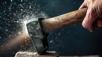Hand with a hammer at one end tries to hit a nail, showcasing motion blur and an extreme low angle. - obrazy, fototapety, plakaty