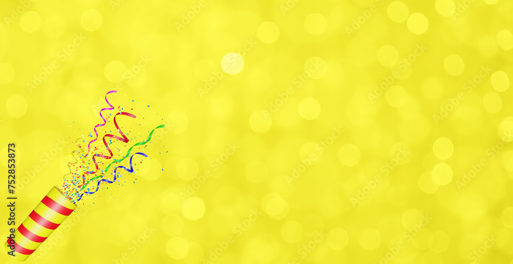 Poster party popper with flying confetti. yellow and red firecracker explodes with serpentine. birthday and